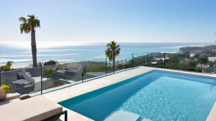 muestra la terraza con piscina de un atico con vistas al mar en marbella